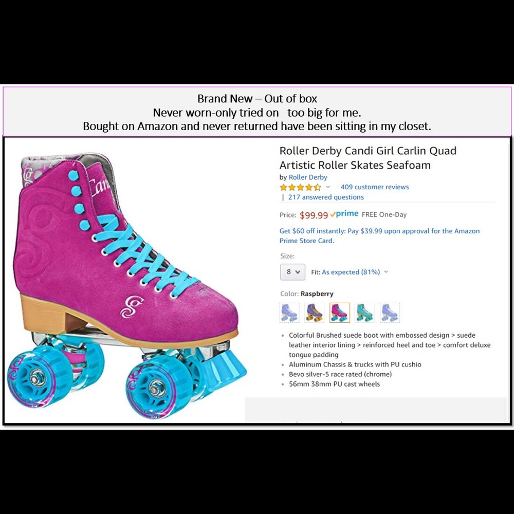 Pink/raspberry Candi roller skates size 8 new